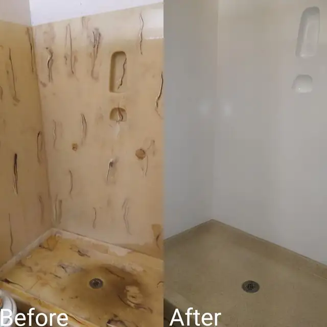 Before and after of a stand-up shower: stripped walls on the left, refinished smooth white walls and floor on the right